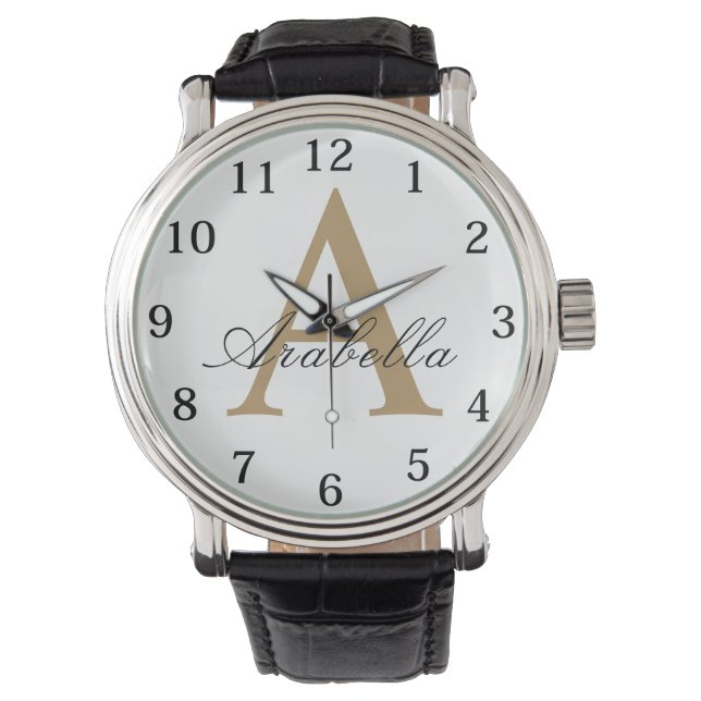 Elegant Black Gold  Personalized Monogram  Name  Watch (Front)