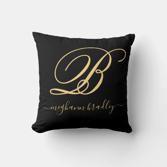  Elegant Black Gold Personalized Name Monogrammed  Throw Pillow (Front)