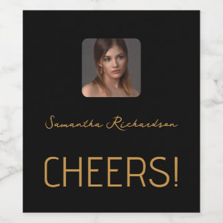 Elegant Black Gold Personalized Photo Name Script Wine Label