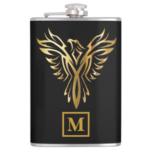 Elegant Black & Gold Phoenix Rising Monogram Hip Flask