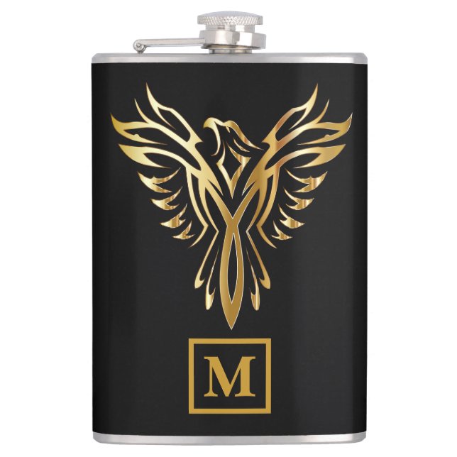 Elegant Black & Gold Phoenix Rising Monogram Hip Flask (Front)