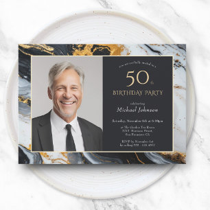 Elegant Black Gold Photo 50th Birthday Invitation