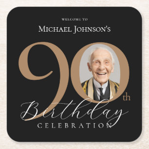 Elegant Black Gold Photo 90th Birthday Party Square Paper Coaster