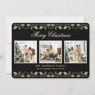 Elegant Black Gold Photo Collage Christmas Card