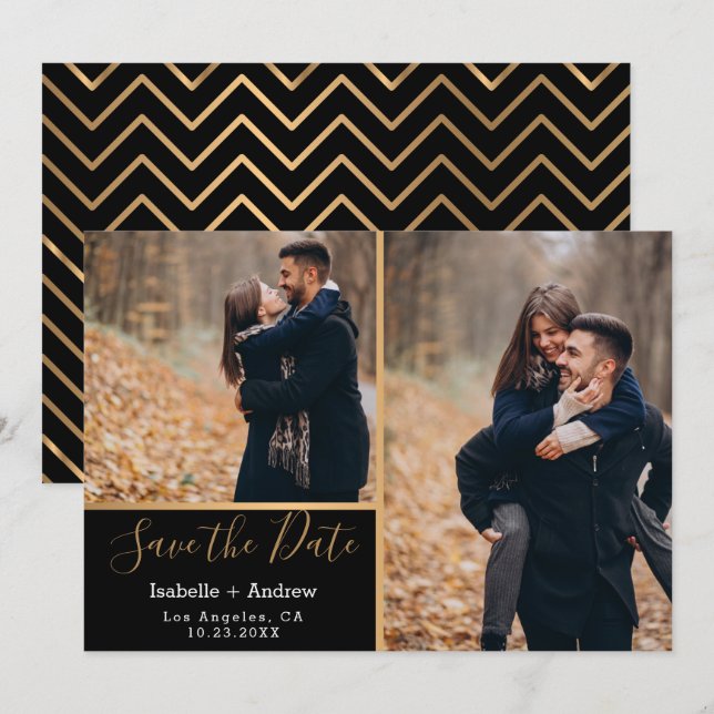 Elegant Black Gold Photo Collage Save the Date (Front/Back)