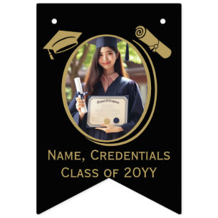 Elegant Black, Gold Photo Graduation Cap, Diploma Bunting Flags