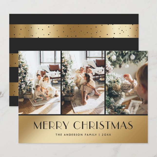 Elegant Black Gold Photo Merry Christmas Card (Front/Back)