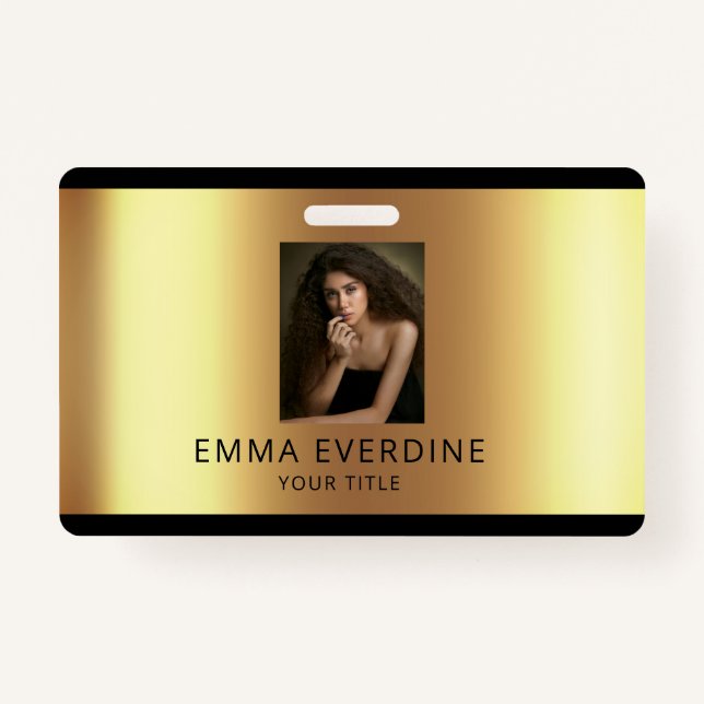 Elegant Black Gold Photo Name Title  Badge (Front)