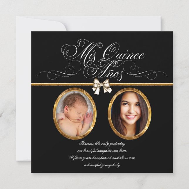 Elegant Black Gold Photo Quinceanera Invitations (Front)