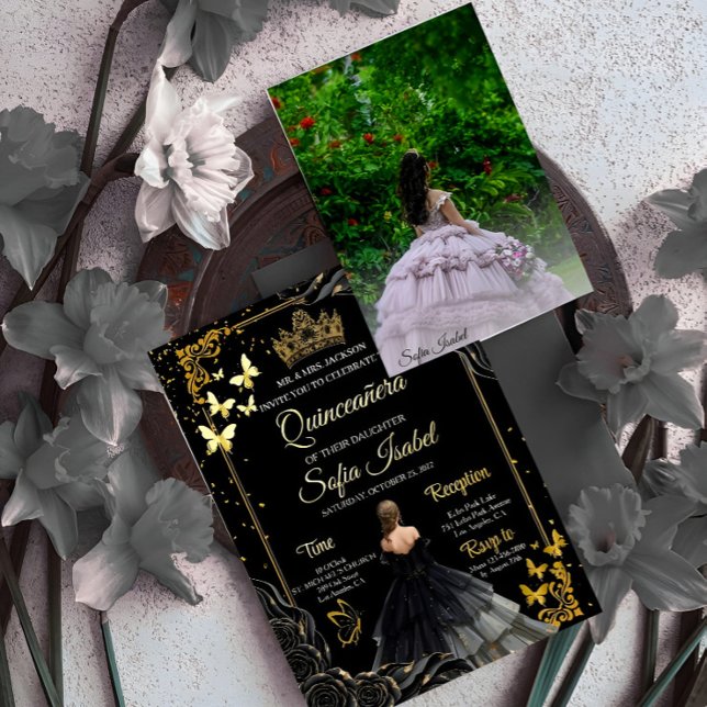 Elegant Black Gold Photo Quinceañera Invite (Creator Uploaded)