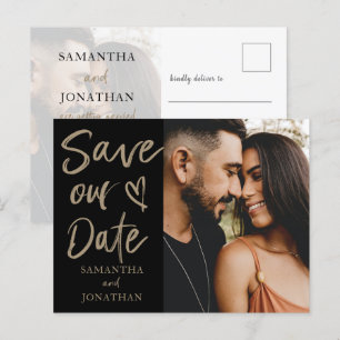 Elegant Black Gold Photo Save our Date Wedding Announcement Postcard