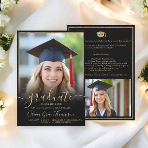 Elegant Black Gold Photo Script Graduation Invitation