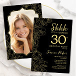 Elegant Black Gold Photo Surprise 30th Birthday Invitation<br><div class="desc">Elegant black and gold surprise 30th birthday party invitation with your photo on the back of the card. Trendy modern feminine design features botanical accents and typography script font. Simple floral invite card perfect for a stylish female surprise bday celebration. Can be customized to any age. Printed Zazzle invitations or...</div>
