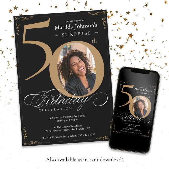 Elegant Black Gold Photo Surprise 50th Birthday  Invitation (Surprise 50th Birthday Elegant Black Gold Photo Invitation)