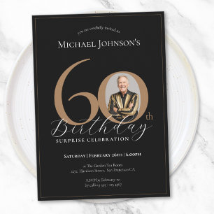 Elegant Black Gold Photo Surprise 60th Birthday Invitation