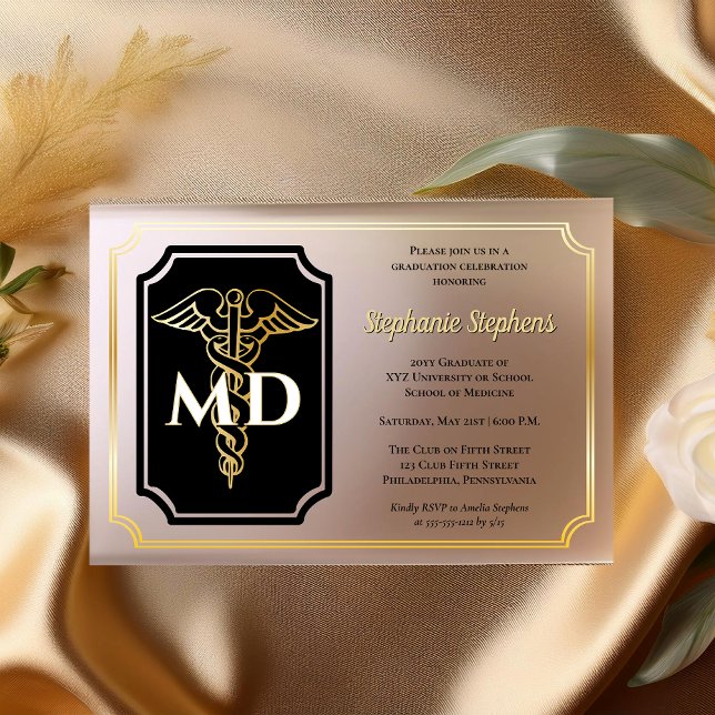 Elegant Black | Gold Physician MD Graduation Party Acrylic Invitations (Elegant Black and Gold Tone "MD" Physician | Doctor of Medicine Graduation Party Acrylic Invitations)