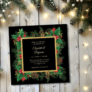Elegant Black Gold Pine Greenery Christmas Wedding Invitation