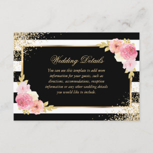Elegant Black Gold Pink Floral Wedding Details Enclosure Card