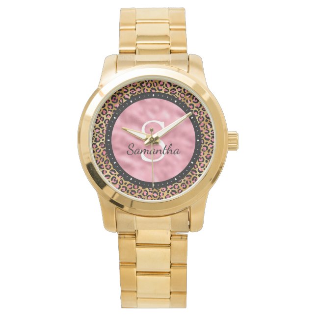 Elegant Black Gold Pink Foil Leopard Name Monogram Watch (Front)