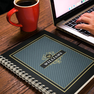 Elegant Black Gold Pinstripe Monogrammed Notebook