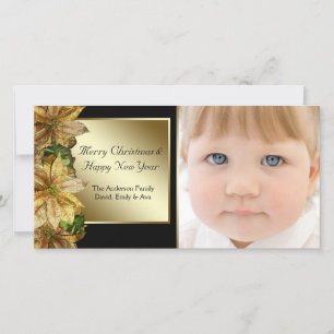 Elegant Black Gold Poinsettia Photo Christmas Card