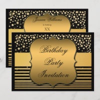 Elegant Black & Gold Polka Dots & Stripes Birthday