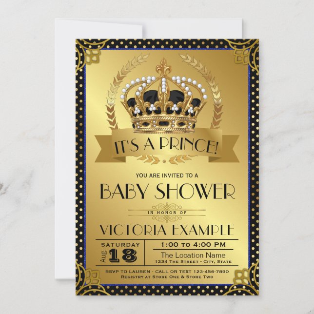 Elegant Black Gold Prince Baby Shower Invitations (Front)