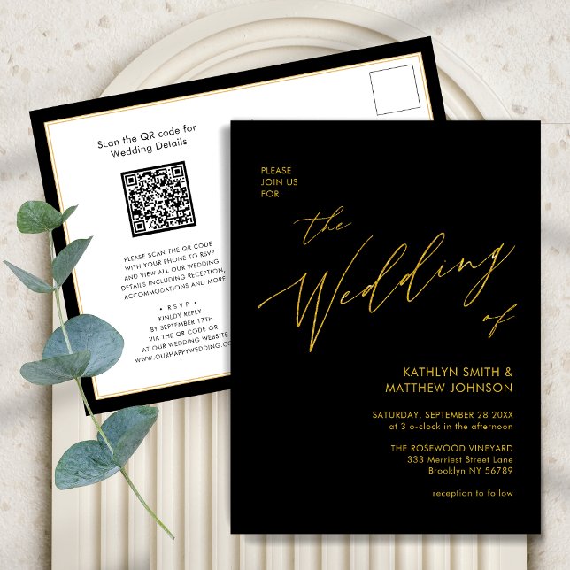 Elegant Black Gold QR Code All In One Chic Wedding Invitation Postcard (Creator Uploaded)