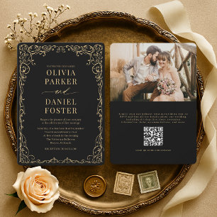 Elegant Black Gold QR Code Photo Wedding Invitation