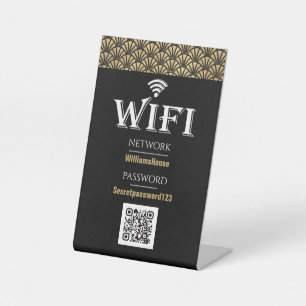 Elegant Black Gold QR Code Wifi Password Network Pedestal Sign