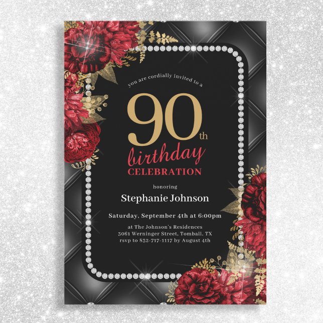 Elegant Black Gold Red Floral 90th Birthday Party Invitation (Mockup View)