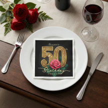 Elegant Black Gold Red Rose 50th Birthday Party