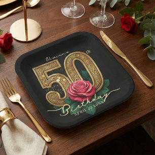 Elegant Black Gold Red Rose Floral 50th Birthday Paper Plate