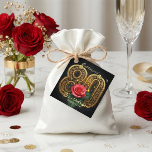 Elegant Black Gold Red Rose Floral 80th Birthday Favour Tags