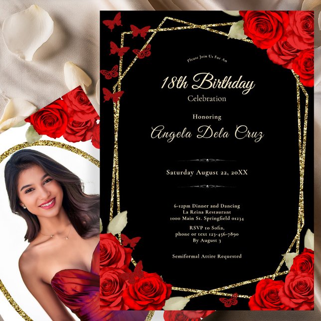 Elegant Black Gold Red Roses 18th Birthday Debut Invitation (Creator Uploaded)