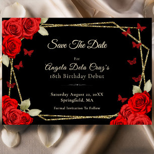 Elegant Black Gold Red Roses 18th Birthday Debut Save The Date