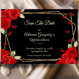 Elegant Black Gold Red Roses Quinceanera Save The Date