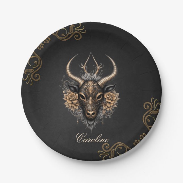 Elegant black gold reindeerhaed  paper plate (Front)