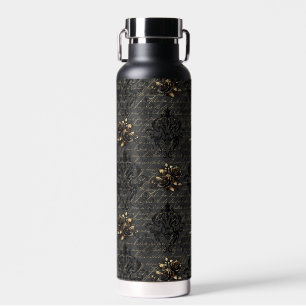 Elegant black gold roses damask gothic water bottle