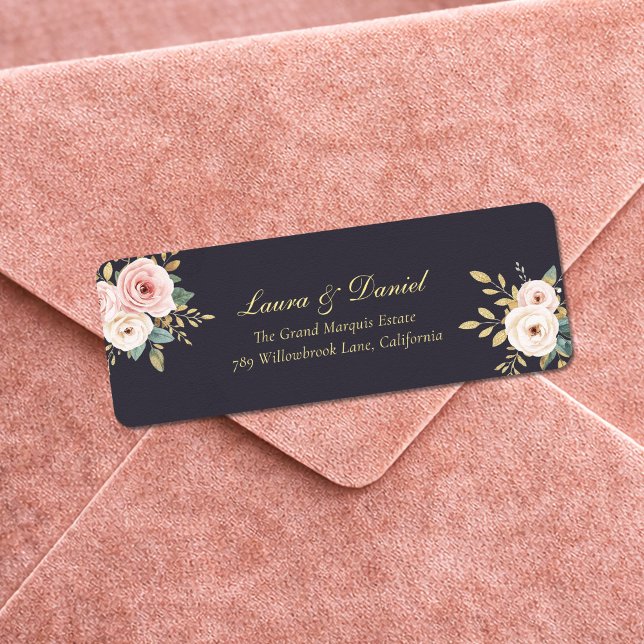 Elegant Black & Gold Roses Return Address Label (Créateur téléchargé)