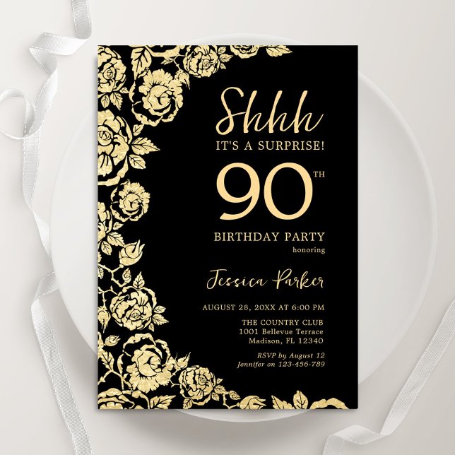 Elegant Black Gold Roses Surprise 90th Birthday Invitation (Creator Uploaded)