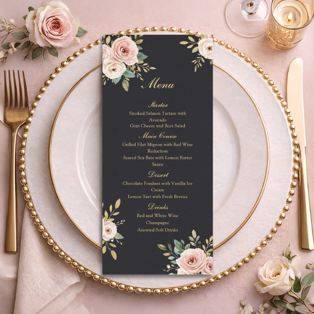 Elegant Black & Gold Roses Wedding Flat Menu (Creator Uploaded)
