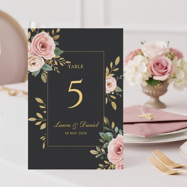 Elegant Black & Gold Roses Wedding Table Number (Creator Uploaded)