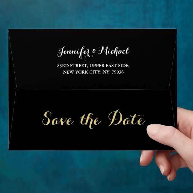 Elegant Black Gold Save The Date Return Address Envelope (Hand)