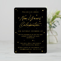 Elegant Black+Gold Scattered Stars New Years Party