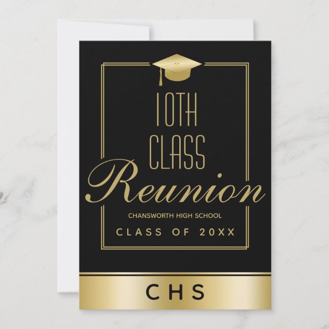Elegant Black Gold Script 10th Class Reunion Invitation (Front)