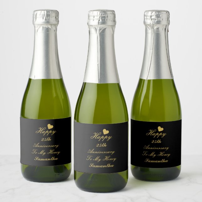 Elegant Black Gold Script 25th Happy Anniversary   Sparkling Wine Label (Bottles)