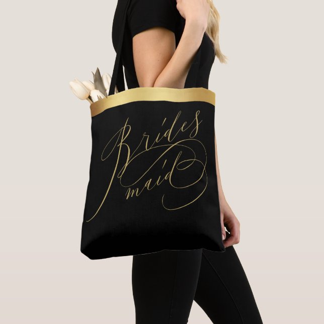 Elegant Black Gold Script Bridesmaid Tote Bag (Close Up)