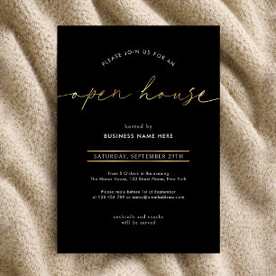 Elegant Black & Gold Script Business Open House Invitation