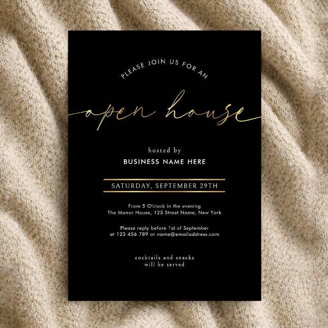 Elegant Black & Gold Script Business Open House Invitation (Creator Uploaded)